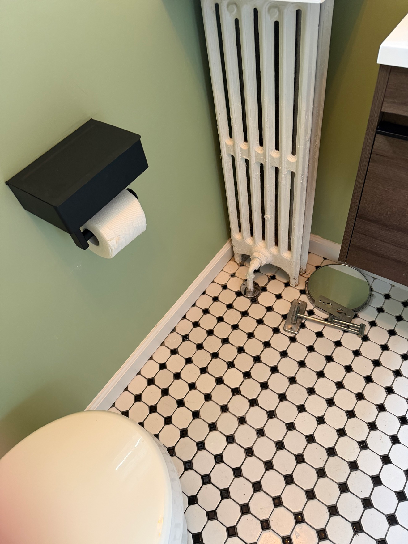 Freshly painted bathroom corner with soft sage green walls, toilet paper holder and white radiator above black-and-white tile floor